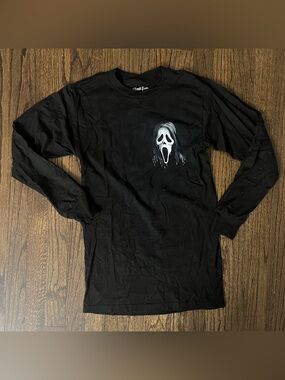Black Long-Sleeve Graphic Tee with Ghost Mask Motif